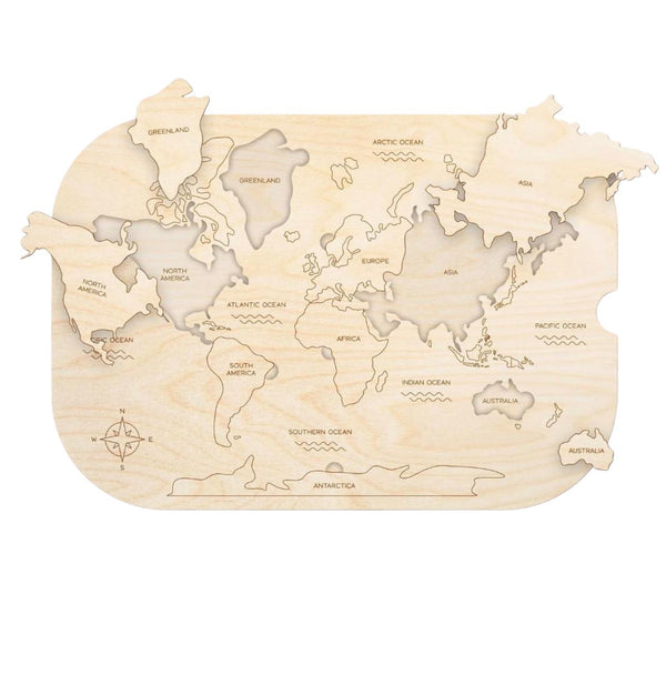 Kids interactive globe puzzle made of wood featuring a world map with labeled continents and oceans