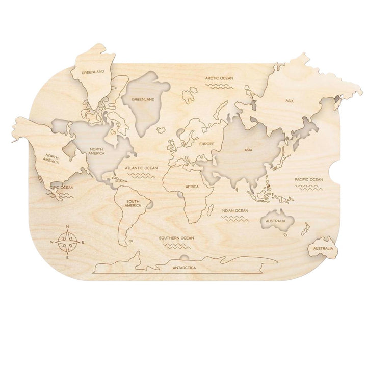 Kids interactive globe puzzle made of wood featuring a world map with labeled continents and oceans