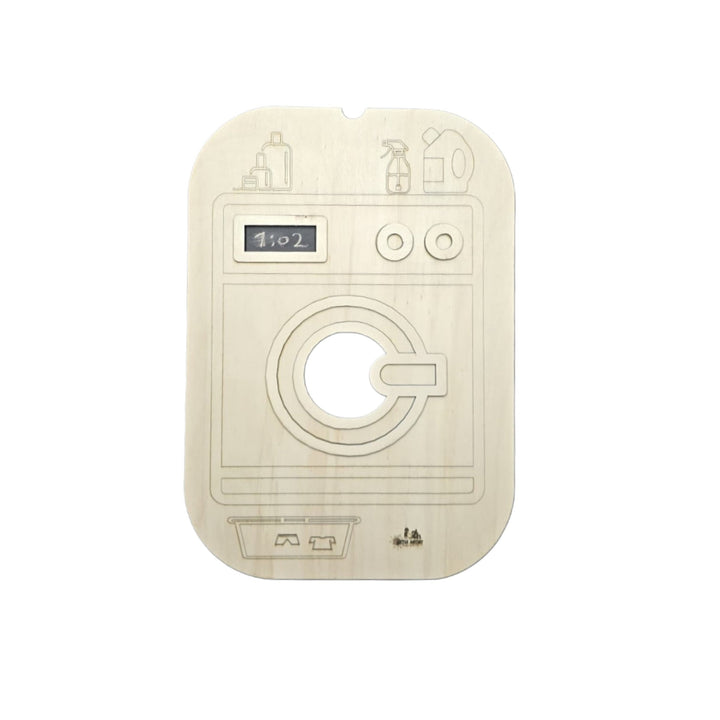 Montessori wooden washer toy for imaginative play, featuring a realistic washing machine design