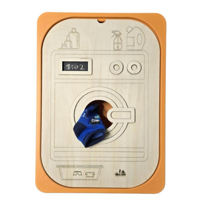 Montessori wooden washer toy featuring a charming design with a sock in the laundry slot